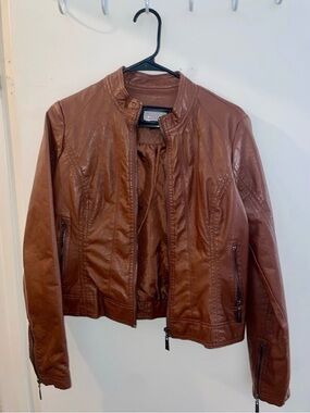 Jou Jou Brown Faux Leather Jacket with Black Trim